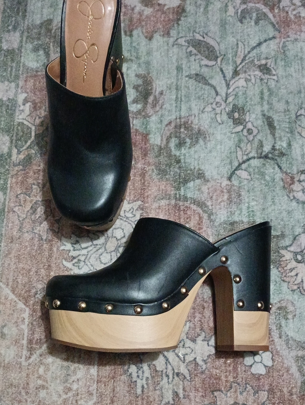 Jessica Simpson Black Leather Studded Platform Clogs with Wood Heel